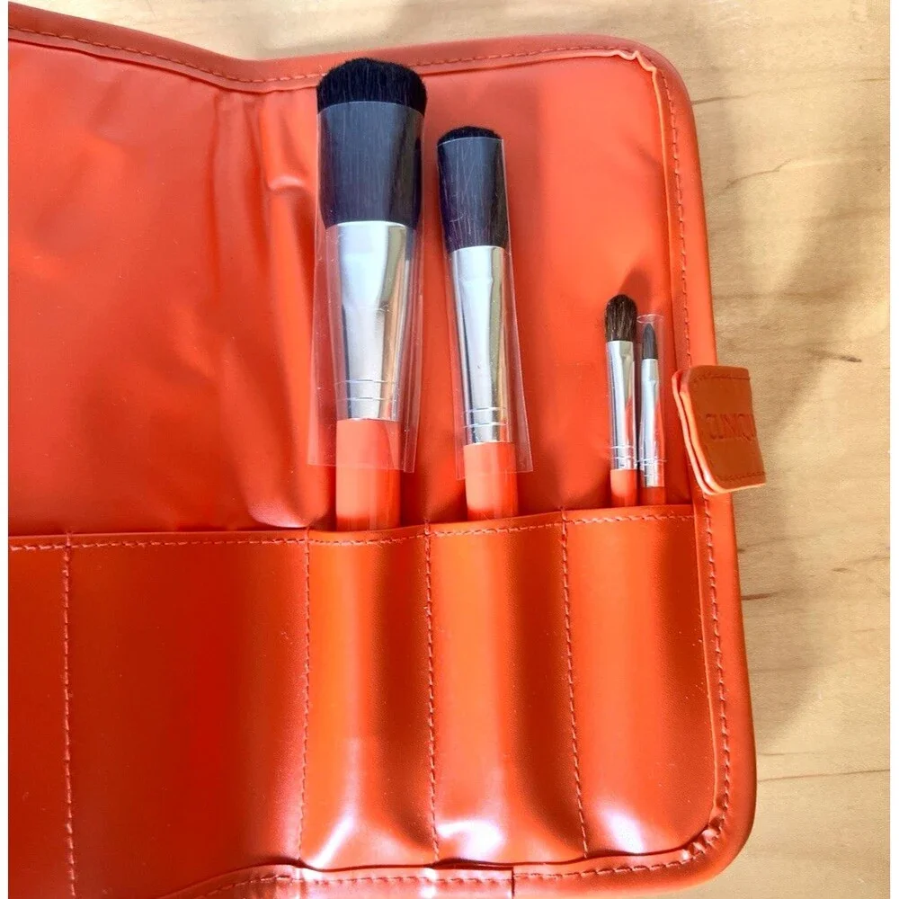 Clinique Make Up Bag w/ 4 Brushes Case Retro Design Snap Closure Felt Vinyl